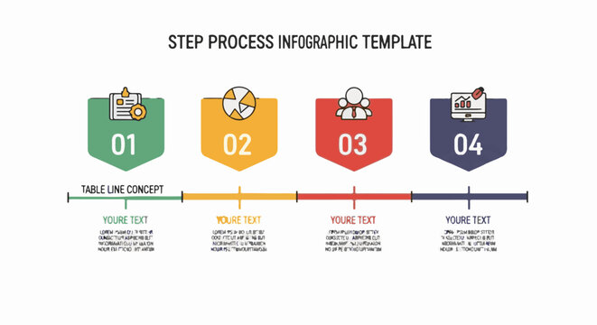 Colorful infographic template shows a four-step process with icons and numbered steps