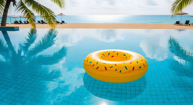 Yellow Inflatable Donut Floating in Luxury Tropical Infinity Pool