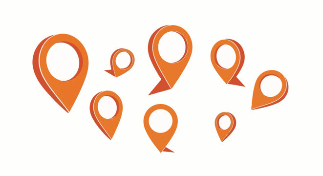 A scattering of 3D orange location pins, varied sizes, against a white background