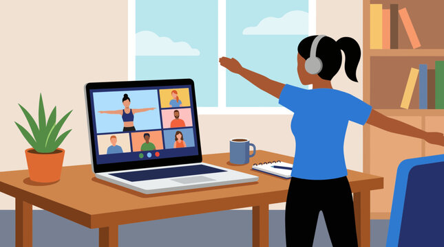 Employee Joining Virtual Fitness Class on Laptop at Home Office