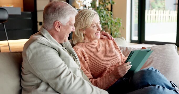 Tablet, home and senior couple relax together on lounge sofa to scroll online, social media or connection. Laugh, funny post and people on couch for technology app, communication or retirement