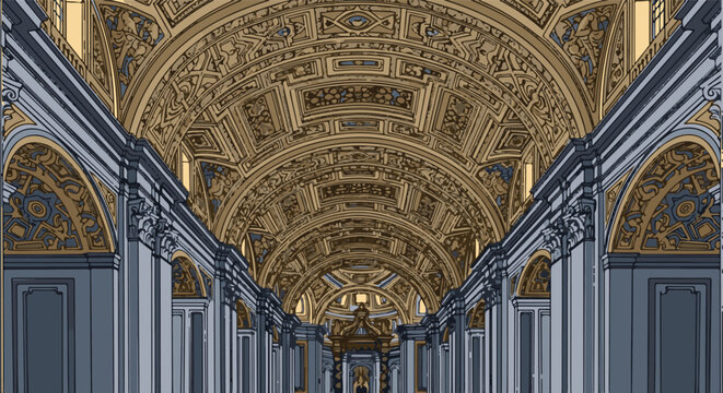 Ornate gilded interior, vaulted ceilings, grand arches, classical columns, solemn atmosphere