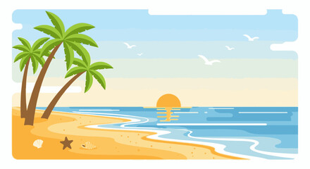 Obraz premium A serene beach scene with palm trees, a sandy shore, ocean waves, and a setting sun