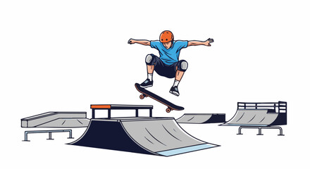 Fototapeta premium A person in mid-air on a skateboard at a skatepark with various ramps