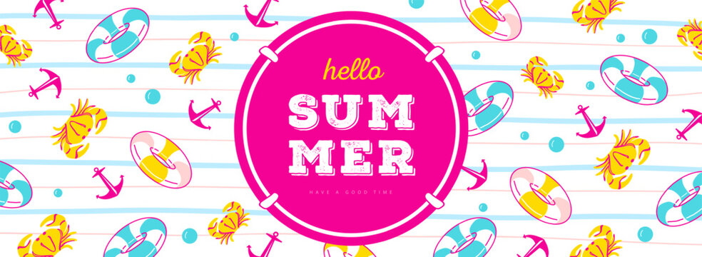 Hello summer colorful striped poster or bunner with inflatable swim rings, anchor, crab and bubbles. Summer vacation background. Flat design. Vector illustration
