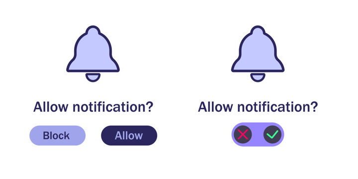 Notification permission UI design with allow and block buttons. User interface concept for app alerts