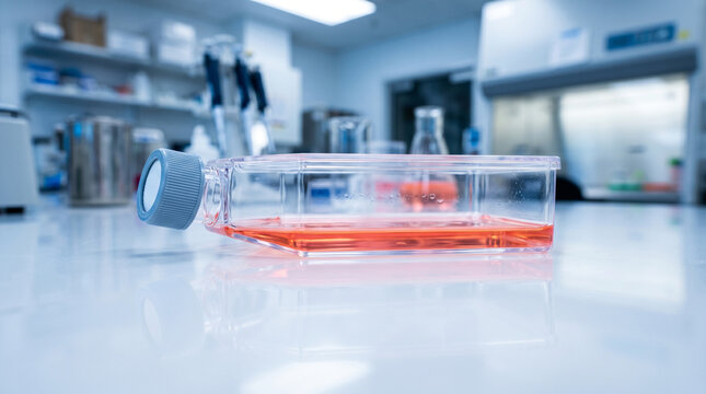 Laboratory equipment with a clear plastic container filled with pink liquid on a white surface