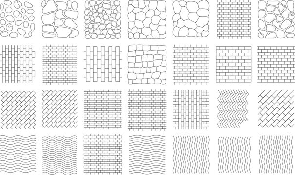 Collection of geometric patterns, brickwork, and stone wall textures
