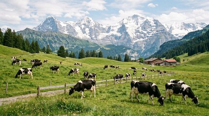Naklejka premium Cows Grazing in Green Meadow Mountain Landscape Rural Farm made by AI generative