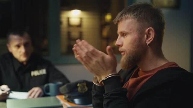 Nervous male suspect in handcuffs giving a statement to a police officer