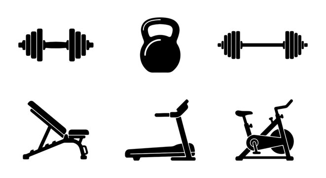 Fitness Equipment Icons: Dumbbells, Kettlebell, Bench, Treadmill, Exercise Bike Vector Set