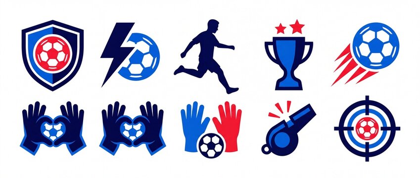 Set of soccer icon vectors featuring players goalkeeper gloves trophies and balls in a bold blue and red graphic style for sports branding
