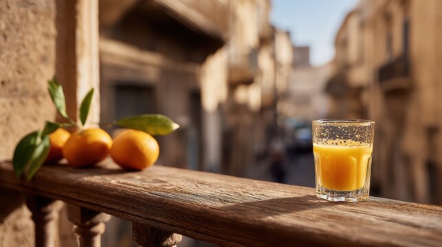 A refreshing glass of orange juice sits on a wooden railing with oranges beside it, overlooking an old Italian street in the golden hour.
