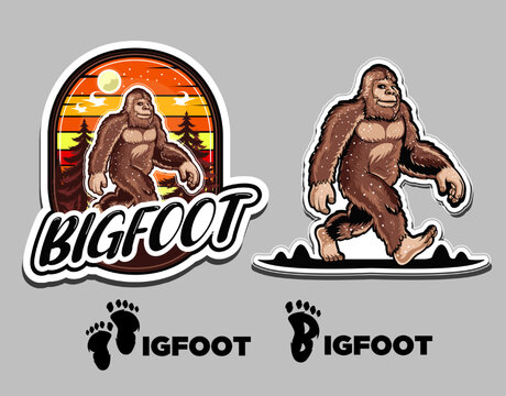 Professional vintage black bigfoot vector logo adventure sticker design. Stylized sunset forest emblem badges and custom typography logo bigfoot footprints. Ideal for outdoor apparel branding.
