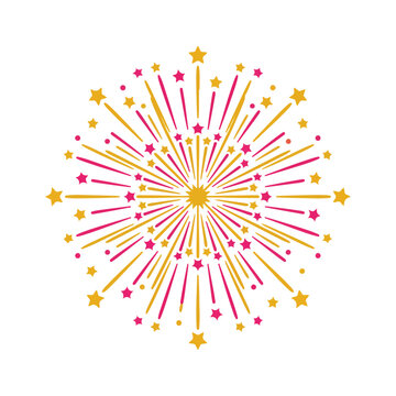 Yellow and pink firework burst illustration with radiating lines and scattered star shapes on a white background