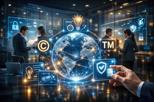 Global intellectual property protection concept with holographic globe copyright trademark patent icons lawyers innovators collaborating in futuristic office legal technology and brand safeguarding