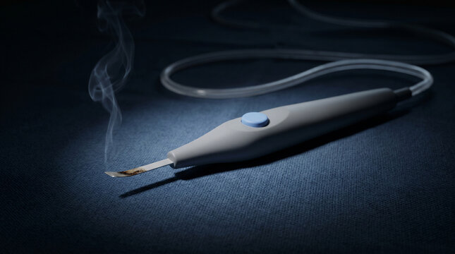 Electric surgical cautery tool with smoke on a dark blue surface with a cord attached