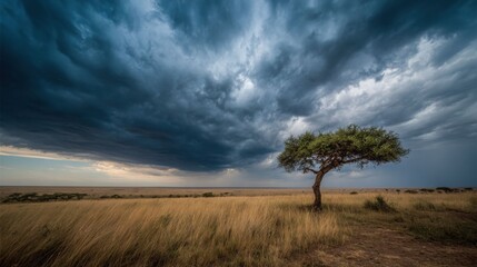 Fototapeta premium Solitary Acacia Tree stands tall against a dramatic, storm-laden sky in the vast African savanna landscape