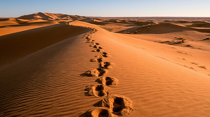 Obraz premium A vast desert landscape with sand dunes and a single line of footprints leading into the distance under a clear sky.