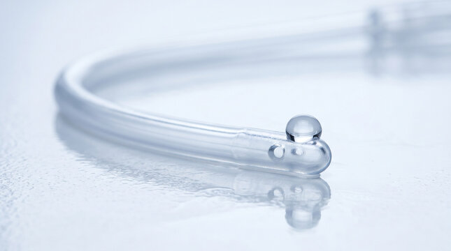 Clear glass tube with a single drop of liquid on its end on reflective surface closeup