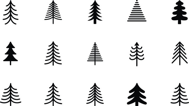 Set of fifteen black silhouette pine tree and shapes