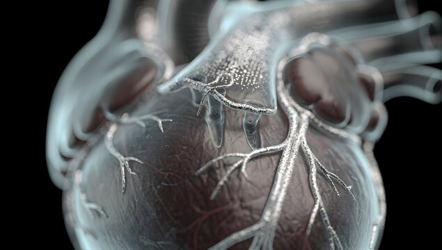 Microscopic x-ray hologram human heart zoomed on mitral valve with silver highlights, 3D ultra-realistic medical detail showing valve leaflets and transparent surrounding tissue
