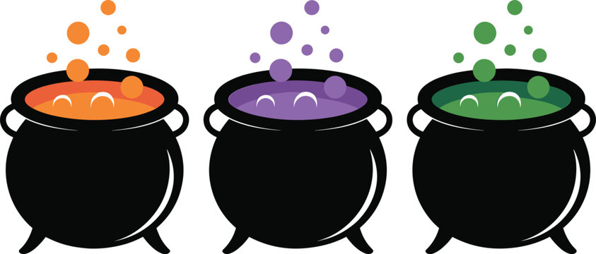 Three black cauldrons with bubbling orange, purple, and green potions