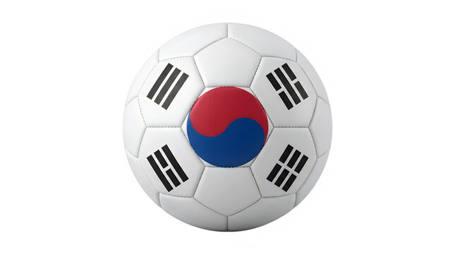 A high-quality white soccer ball featuring the distinct red and blue yin-yang emblem and four black trigrams representing the national flag of South Korea Isolated on transparent background