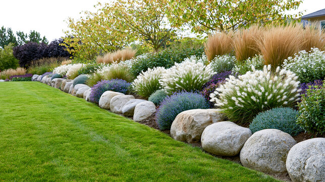 Modern garden landscaping featuring a decorative stone wall dividing a vibrant green lawn from a lush hillside full of ornamental grasses. Shrubs. And flowering plants