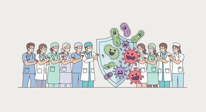 Healthcare Heroes Protecting Against Germs Shield Medical Team Fighting Viruses