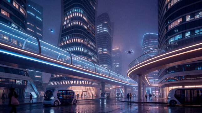 Futuristic city street with autonomous pods and elevated glass transit tube at night