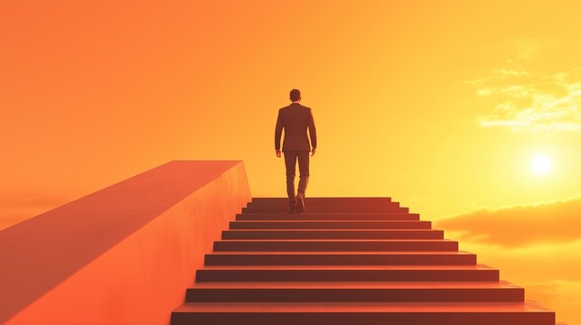 Silhouette of a person ascending stair toward a glowing sunset, symbolizing ambition, progress, and new beginning.