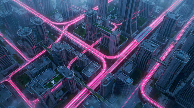Aerial futuristic cityscape with glowing pink traffic light trails across rooftops