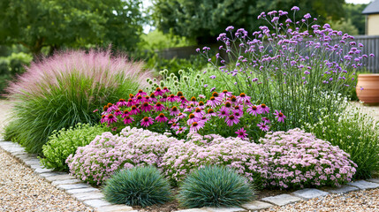 Obraz premium Colorful flowering plants and lush ornamental grasses thriving in a well designed garden, bringing biodiversity, summer vibrancy, and natural beauty to an outdoor space
