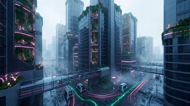 Futuristic green city with vertical gardens neon facades and autonomous vehicles