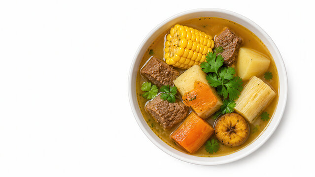 Sancocho colombiano con carne, mais, manioca e platano in ciotola. Generative AI 