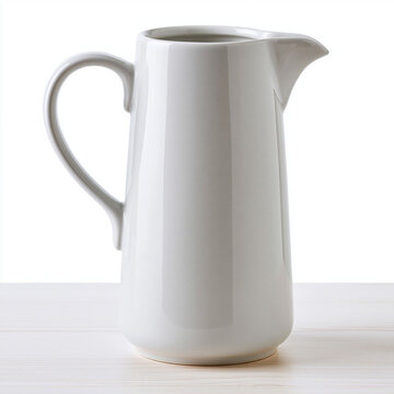 Minimalist white ceramic pitcher with a smooth finish stands on a light wooden surface against a clean white background