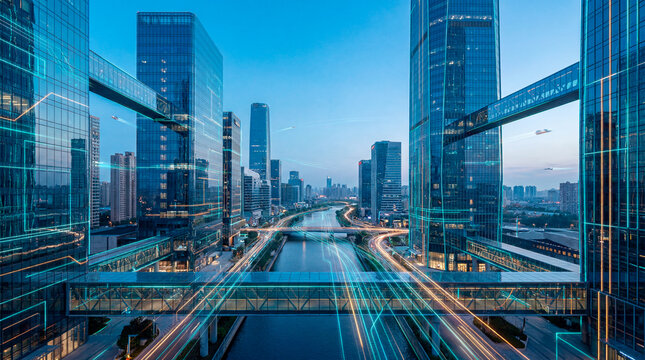 Twin glass towers framing canal with teal light trails and digital skybridges