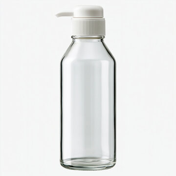Clear glass bottle with a white plastic pump dispenser stands against a plain white background for soap or lotion packaging