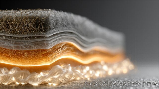 Cross-section of high-tech layered mattress material, microscopic view of gold and white fiber filaments, material engineering.