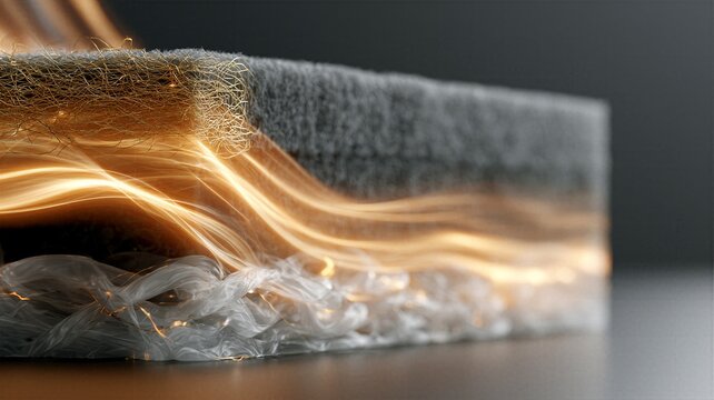 Close-up of layered synthetic fiber material with glowing gold light streams, conceptual material engineering and insulation technology.