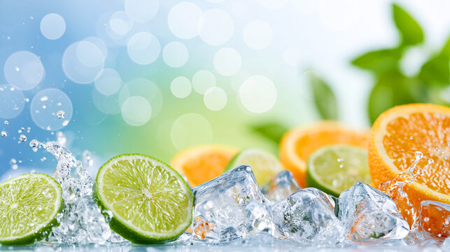 Fresh citrus fruits, including green limes and orange slices, with splashing water and melting ice cubes, creating a cool summer refreshment