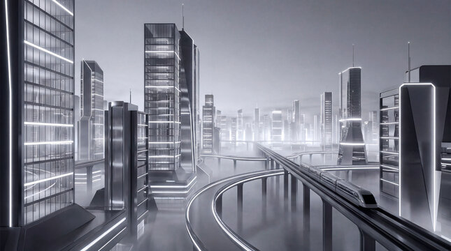 Monochrome futuristic cityscape with curved monorail and glowing skyscrapers