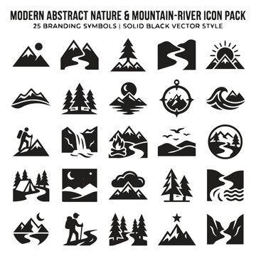 Modern abstract nature and mountain river branding icon pack with mountain