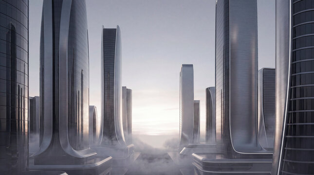 Sleek silver futuristic skyscrapers in soft fog at minimalist dawn