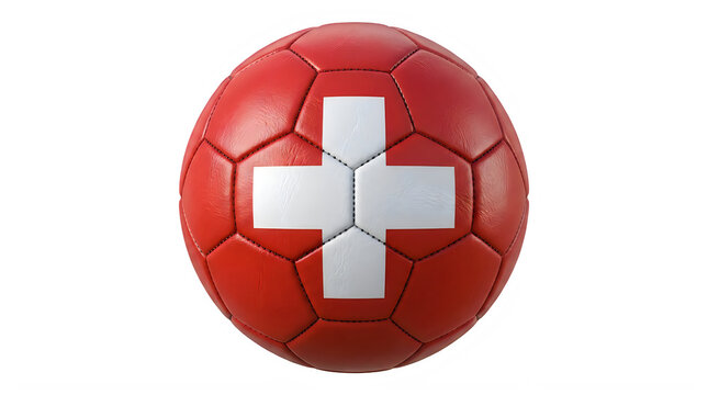 A high-quality 3D rendered soccer ball featuring the red and white flag design of Switzerland Isolated on transparent background