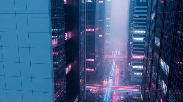 Futuristic street canyon with pink neon windows and light trails in fog