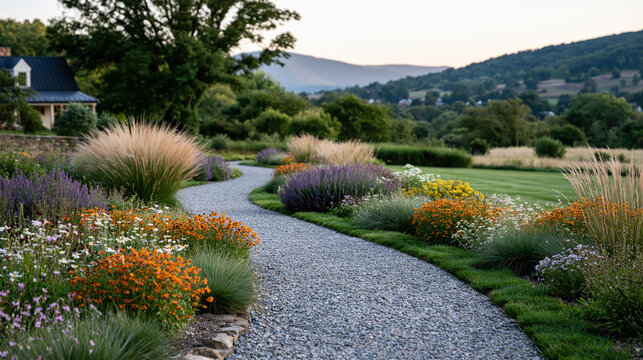 Winding gravel path meanders through a vibrant country garden of perennial flowers and ornamental grasses toward a charming rural house with distant serene mountains