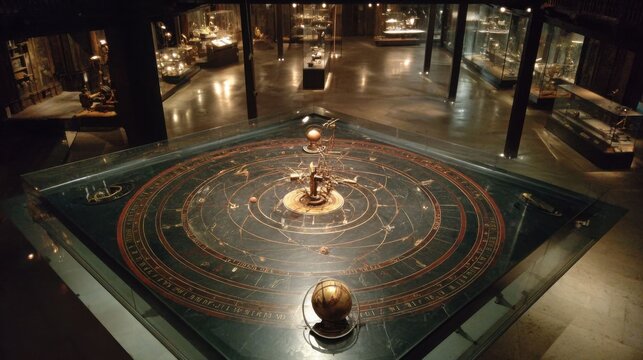 Intricate Astronomical Clock with Multiple Dials and Planetary Models in a Museum Setting