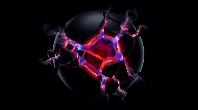 Glowing red and blue neon cracks on a dark sphere with black background